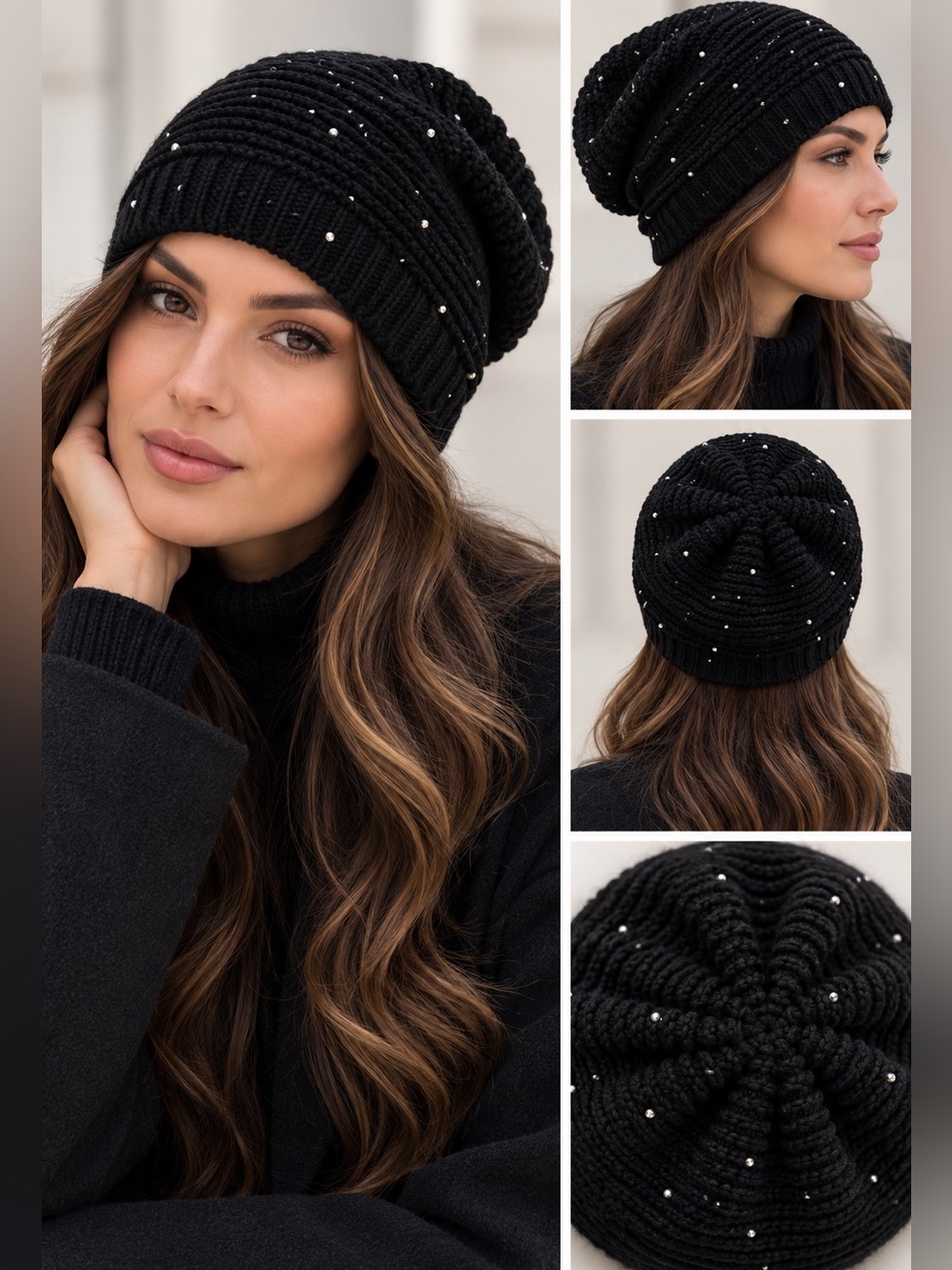 Kenneth Cole Black Wool Knit Rhinestone Slouchy Beanie Hat One Size